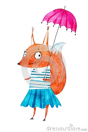 Watercolor pretty little squirrel girl wearing dress walking with an umbrella Stock Photo