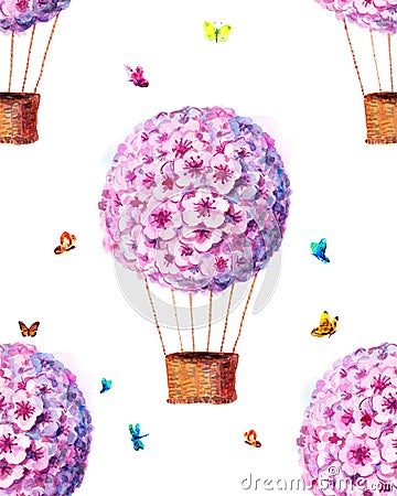 Watercolor print with purple balloons, Sakura, pink balloon, watercolor stains and butterflies. Seamless background2 Stock Photo