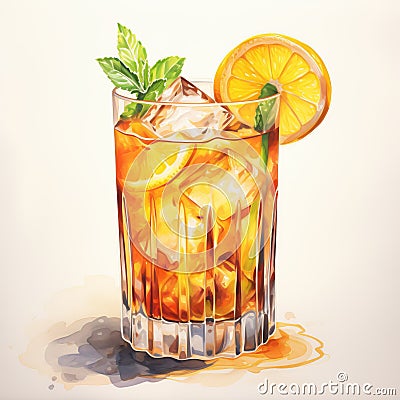 Realistic Watercolor Illustration Of Iced Orange Drink Cartoon Illustration