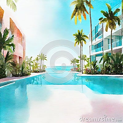 Watercolor of Product display piscina de lujo background piscina agua turquesa y palmeras IA generativa Stock Photo