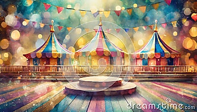 watercolor product display podium with circus background Stock Photo