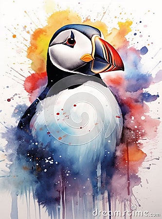 Beautiful puffin bird with a Santa hat, wate rcolor painting Christmas theme. Stock Photo