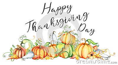 Watercolor pumpkin and autumn leaves card. Harvest composition. Happy Thanksgiving day. Hand drawn vector illustration Vector Illustration