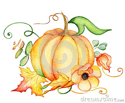 Watercolor pumpkin and autumn leaves. Harvest composition. Happy Thanksgiving day. Hand drawn illustration Cartoon Illustration