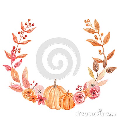 Watercolor Pumpkin Autumn Wreath Garland Frame Fall Leaves Circle Flowers Berry Leaf Stock Photo
