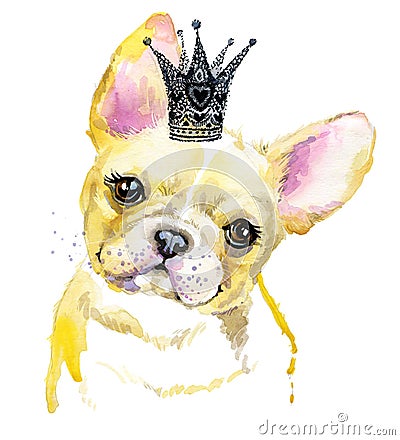 Watercolor puppy dog illustration. French Bulldog breed Cartoon Illustration