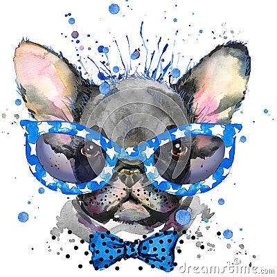 Watercolor puppy dog illustration. French Bulldog breed. Cartoon Illustration