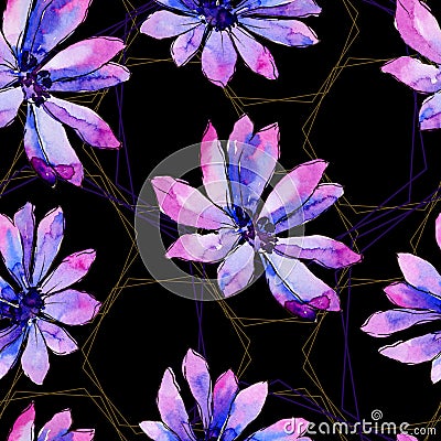 Watercolor purple african daisy. Floral botanical flower. Seamless background pattern. Stock Photo