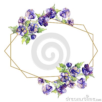 Watercolor purple bouquet of viola flower. Floral botanical flower. Frame border ornament square. Stock Photo