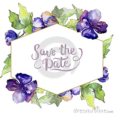 Watercolor purple bouquet of viola flower. Floral botanical flower. Frame border ornament square. Stock Photo