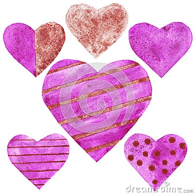 Watercolor purple and cooper hearts set love wedding valentine day Stock Photo