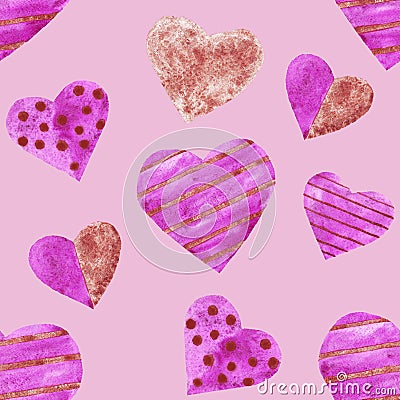 Watercolor purple and cooper hearts seamless pattern love wedding valentine day Stock Photo