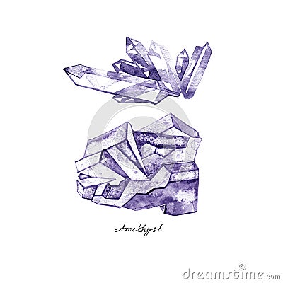 Watercolor purple crystal amethyst cluster hand drawn painting illustration isolated on white background Cartoon Illustration