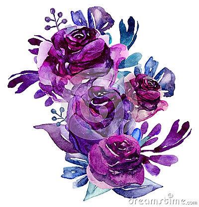 Watercolor purple flowers clip art. Floral bouquet illustration Cartoon Illustration