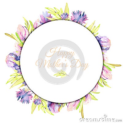 Watercolor purple spring flowers frame, hand painted on a white background Stock Photo