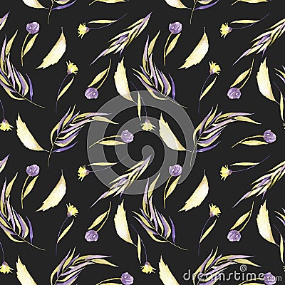 Watercolor purple and yellow simple flowers, leaves and branches seamless pattern Stock Photo