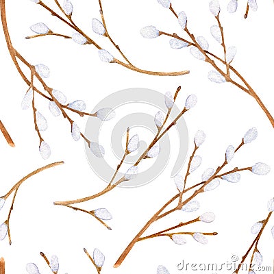 Watercolor pussy willow branches seamless pattern. Hand drawn tree twigs with buds isolated on white background Stock Photo