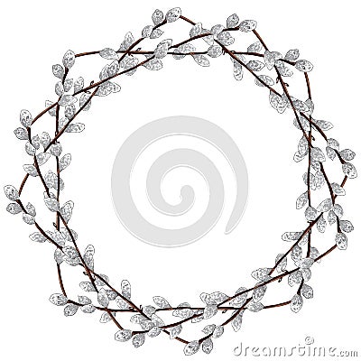 Watercolor Pussy Willow Wreath isolated on white background. Stock Photo
