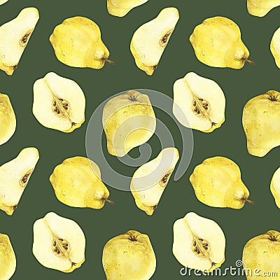 Watercolor quince seamless pattern. Whole and sliced quince fruits, leaves and flowers. Hand drawn isolated on dark Stock Photo