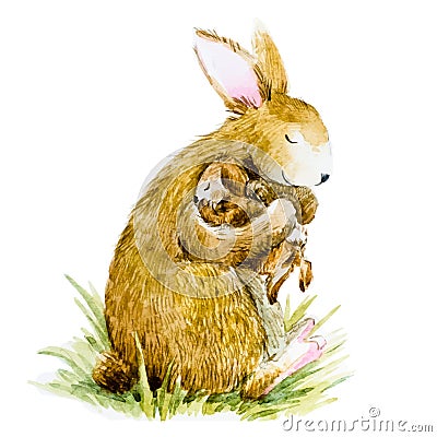 Watercolor rabbit with baby Vector Illustration