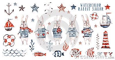 Watercolor rabbit sailor, cartoon seaman set Cartoon Illustration