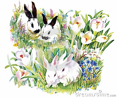 Watercolor rabbits with flowers seamless pattern vector illustration Vector Illustration