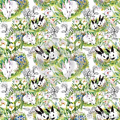 Watercolor rabbits with flowers seamless pattern vector illustration Vector Illustration