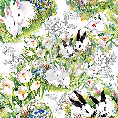 Watercolor rabbits with flowers seamless pattern vector illustration Vector Illustration