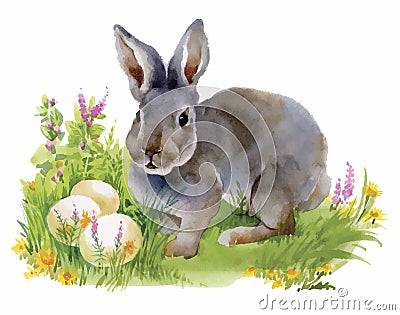 Watercolor rabbits in green grass vector illustration Vector Illustration