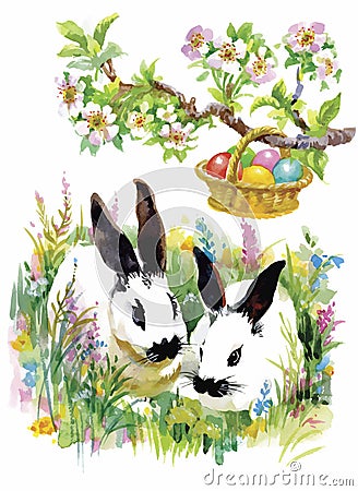 Watercolor rabbits in green grass vector illustration Vector Illustration