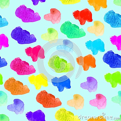 Watercolor rainbow blots. Vector illustration. Abstract shapes seamless pattern. Bright template. Blue background. Textured Vector Illustration