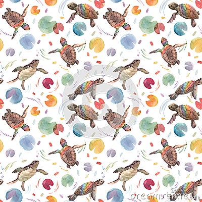 Watercolor rainbow small baby turtles colourful seamless pattern Stock Photo