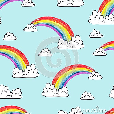 Watercolor rainbows and clouds seamless pattern. Vector Illustration