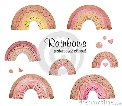 Watercolor Rainbows clipart, Pastel rainbow isolated, baby set, rainbows illustration watercolor, kids deor, nursery printable art Stock Photo