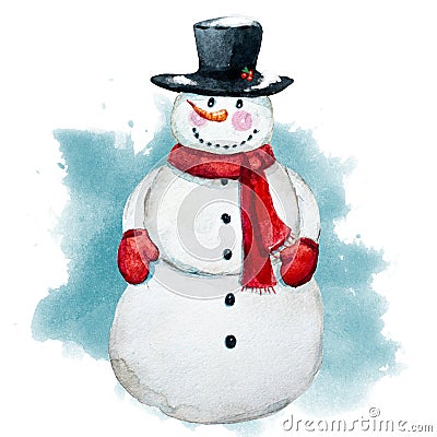 Watercolor raster hand drawn snowman Stock Photo