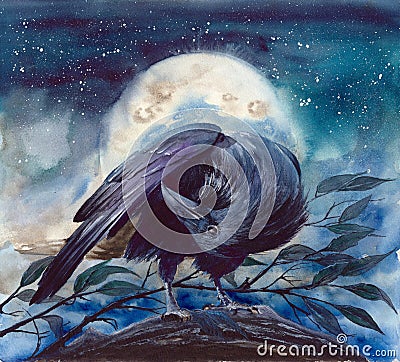 Watercolor raven on the tree branch with blue moon Stock Photo
