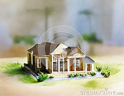 Watercolor of Real Estate Deal in Progress Miniature House Model and Contract Negotiations Stock Photo