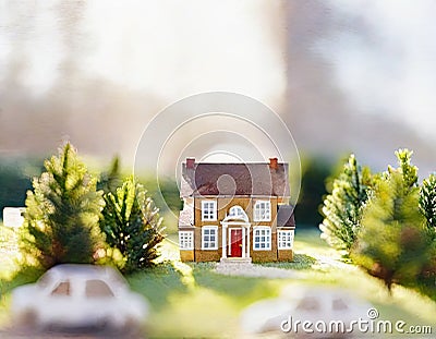 Watercolor of Real Estate Deal in Progress Miniature House Model and Contract Negotiations Stock Photo