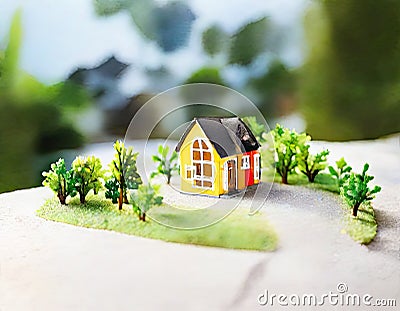 Watercolor of Real Estate Deal in Progress Miniature House Model and Contract Negotiations Stock Photo