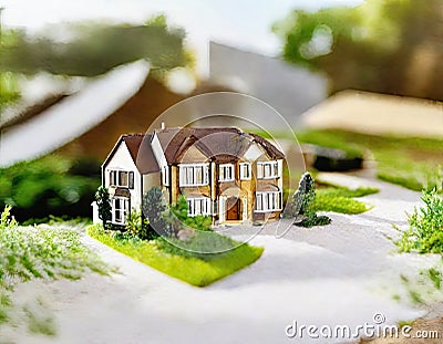 Watercolor of Real Estate Deal in Progress Miniature House Model and Contract Negotiations Stock Photo