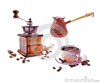 Watercolor realistic coffee ibrik with coffee cup isolated Cartoon Illustration