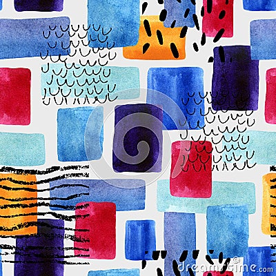 Watercolor rectangles with doodles, grunge and paper texture bacground. Cartoon Illustration