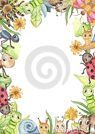 Watercolor rectangular frame with cute cartoon insects. Stock Photo