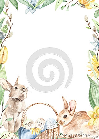 Watercolor rectangular frame with Easter bunnies, basket with Easter eggs, tender spring greenery, leaves, flowers, willows Stock Photo