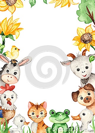 Watercolor rectangular frame with farm animals, goose, goat, donkey, frog, cat, dog Stock Photo