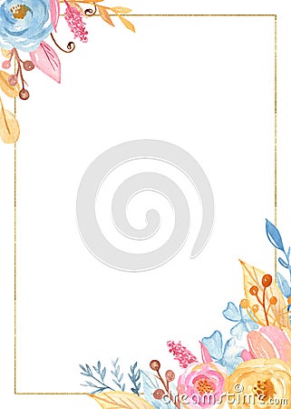 Watercolor rectangular golden frame with flowers. Romantic Unicorn collection. Stock Photo