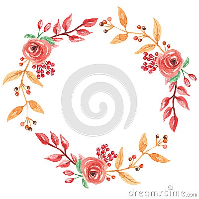 Watercolor Red Autumn Wreath Garland Frame Fall Leaves Circle Flowers Berry Leaf Stock Photo