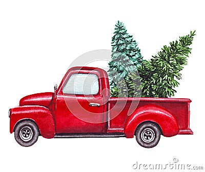 Watercolor red car, truck with green christmas tree isolated on white background Stock Photo