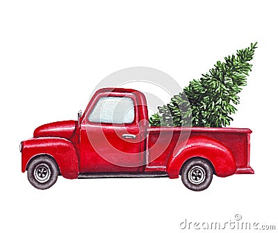 Watercolor red car, truck with green christmas tree isolated on white background Stock Photo