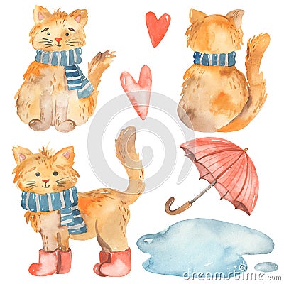 Watercolor red cats of Petersburg, puddle, umbrella, red heart for postcards, invitations Stock Photo